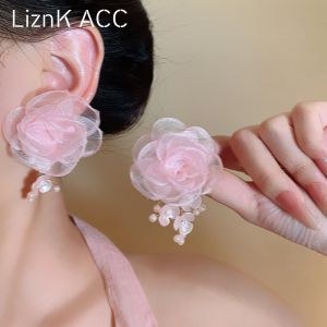 ต่างหูผู้หญิงรูปดอกไม้สีชมพู ต่างหูแบบจี้ห้อยประดับลูกไม้สไตล์เกาหลี แฟชั่นฤดูใบไม้ผลิและฤดูร้อน ต่างหูรูปตุ๊กตา