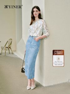 Heavily Embroidered H Shape Back Slit Denim Skirt