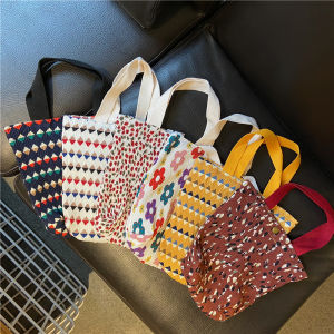 Little Bunny South Korea Japanese Style Ins Woven Handbag Fresh Ruched Lunch Bag Champray Floral Hand Carrying