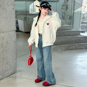 Spring Autumn Hooded Long Sleeve Girls Jacket Love Heart Pattern Korean Style Zipper Closure Cotton Blend Child Coat