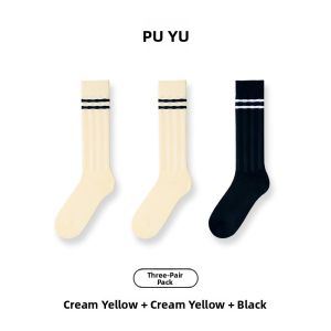 PUYU | Breathable Thin Mid-Calf Socks For Women Antibacterial Summer Socks Comfortable Cotton Nylon Blend Student Friendly Stripe Pattern