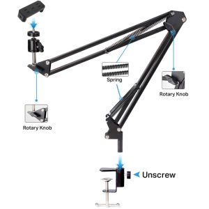 Flexible Arm Phone Holder Stand LED Ring Light Desk Mount Boom for Video Recording Live Streaming and Reading