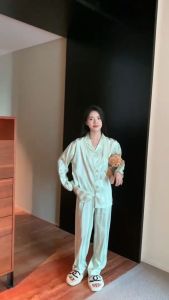 Pajamas Set Pyjamas Breathable Satin Silk Nightgown Pockets Design Sleepwear 女士睡衣