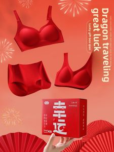 Red Wedding Underwear Set Womens Bra And Panties Lucky Gift Box Dragon Year Gather Small Chest Autumn Winter Nylon Fabric No Steel Ring