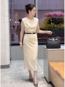 SHANGSHA | Elegant Sleeveless White Midi Dress High-Quality Material French Chic Design Womens Dress for Dinner Party Casual and Formal Occasions