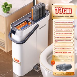 Joybos | No-Hands Cleaning Mop with Spin Bucket Set Microfiber Flat Mop for Dry and Wet Use 33cm Head Size Stainless Steel Rod Manual Drive System