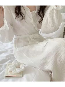 Sweet Style Mid-Length Bathrobe Sleepwear Korean Simple Design Water Absorbent Quick Dry Leaf Edge Home Clothes for Women