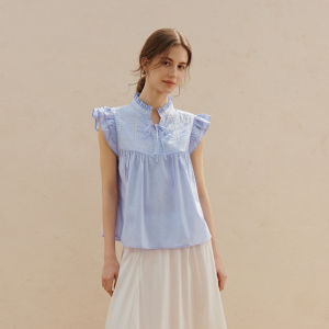 INMAN | 100% Xinjiang Cotton French Embroidery Wood Ear Edged Flared Sleeve Shirt