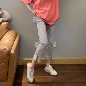 Grey High Waist Straight Leg Loose Fit Jeans Womens Autumn Fashionable Versatile Large Size Nine Point Pants Casual Wear