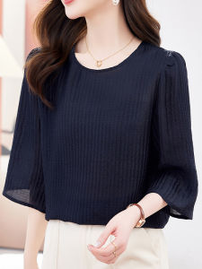 NVSHENJI | Elegant Silk T-Shirt Womens Small Shirt Summer New Round Neck Fashion Pure Color Top High Waist Commute Style Loose Fit Short Sleeve