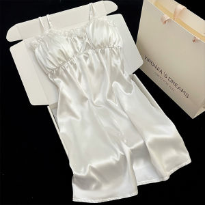 เซ็กซี่ฤดูร้อนชุดนอนสําหรับสตรีรายละเอียดลูกไม้ผ้าไหมน้ําแข็งกับหน้าอก Pad PURE สีกลางกระโปรงความยาว Swing COLLAR Sleep ชุด
