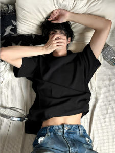 Pure Black Boxy Short Sleeve Mens T-shirt Summer American Style 300g Heavyweight Pure Cotton Shoulder T-shirt Inner Wear