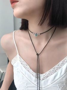 Blue Zircon French Beach Combing Pendant Adjustable Woven Necklace Luxury Elegant High-End Feeling Sweater Chain Fashion Jewelry