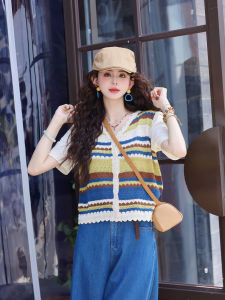 Chen Jiajie Rainbow Shadow White V-neck Knitted Short Sleeve T-shirt Womens Summer Casual Striped Fake Two-pieced Summer Top