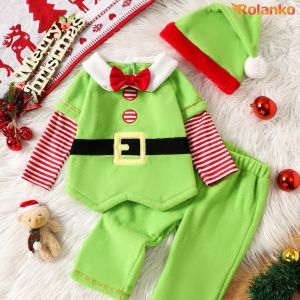 Rolanko 3Pcs Kids Christmas Sets Stripe Long Sleeve Top Elastic Waist Pants with Christmas Hat Costume Casually Daily Wear Red Green