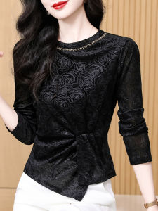 เสื้อยืดผู้หญิงผ้ากำมะหยี่ แขนยาวไม่สมมาตร ทรงเข้ารูป ฤดูใบไม้ร่วง 2025 เสื้อชั้นในสไตล์เกาหลี ความยาวปกติ เสื้อคอตั้ง