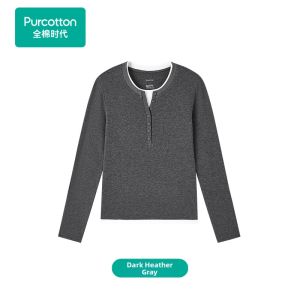 Purcotton | Henley Neck Cotton Long Sleeve Womens T Shirt