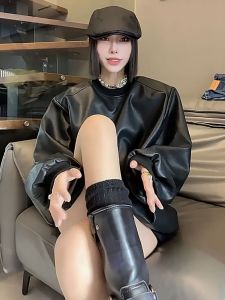 Elegant Long Sleeve PU Leather Motorcycle Jacket Womens Loose Fit Fashionable Spring Autumn Black Sweatshirt Top