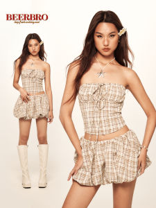 BeerBro Retro American Spicy Checkered Tube Top Low Waist Flower Bud Strap Vest Womens Set Street Style Summer Collection