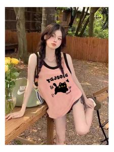 เสื้อกั๊กคอวีแขนกุดผ้าฝ้ายสไตล์อเมริกันย้อนยุคสำหรับผู้หญิงในช่วงฤดูร้อน ทรงหลวม ทรงเข้ารูป แขนกุด ทรงหลวม ทรงเข้ารูป