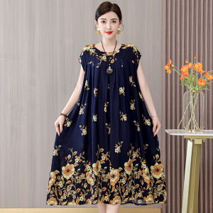 Loose Fit Cotton Silk Dress for Middle-Aged And Elderly Women Summer New Style Fashionable Outerwear Long Skirt Meat Concealing