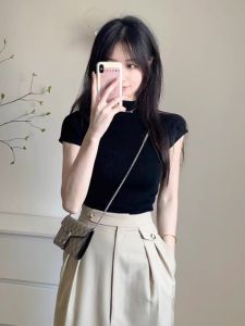 HUOLISI | Knitted Half Turtleneck Short Sleeve T-Shirt Slim Chic Sweet & Spicy Top