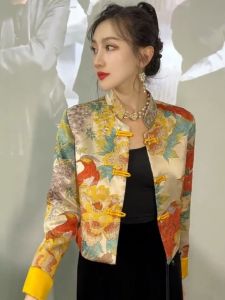 เสื้อแจ็คเก็ตสั้นทรงตรงคอตั้งสไตล์จีนใหม่สำหรับผู้หญิง ฤดูใบไม้ร่วง/ฤดูหนาว เสื้อคลุมกันหนาวแบบใหม่พิมพ์ลายดอกไม้
