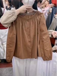 Áo Sơ Mi Dài Tay Cổ Tròn Cổ Tròn Kiểu Pháp Xếp Ly Mùa Xuân Mùa Thu Nhẹ Nhàng Thanh Lịch Thon Gọn Phong Cách Búp Bê Phù Hợp Áo