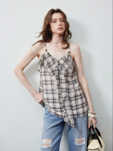 Toyouth | Áo Crop Peplum Chiffon Dây Ruy Băng Hè Caro Ôm Patchwork