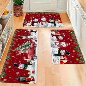 Christmas Red Truck Snowman Kitchen Mat Soft Non Slip Kitchen Runner Entryway Doormat Home Decor Holiday Washable Floor Rug