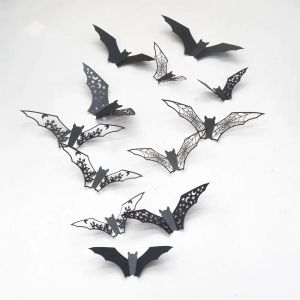 12/48pcs Halloween Decoration 3D Bat Wall Stickers Hollow Black Bat for DIY Halloween Party Horror House Scary Decal Decor