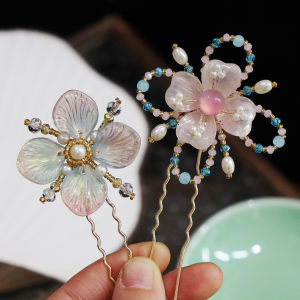 Pearl Decorated Mini U-Chi Pin Traditional Chinese Hanfu Tang Style Hairpin Floral Hair Accessory Basic Headwear