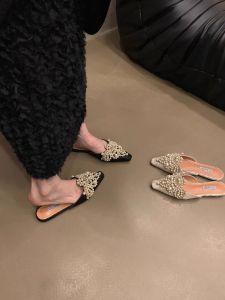 Giày Đế Bằng Ren Lấp Lánh Ngọc Trai Mùa Hè Cho Nữ Giày Bệt Hở Mũi Thoải Mái Thường Ngày Đế Bằng Phong Cách Đường Phố