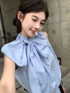 GUZILIAN | French Design Round Neck Sleeveless Belted Butterfly Knot High Waist Slim Wide Leg Casual Pants Womens Summer Loose Fit Sweet Style