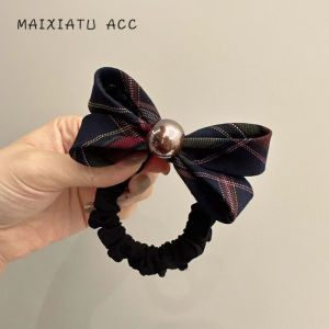 Elegant Plaid Butterfly Knot Pearl Hair Ties for Women High Elasticity No Dents Fresh out Original Design Hair Bands
