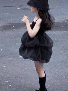 Girls Summer New Style Black Strap Vest Dress Baby Mesh Puffy Skirt Children Sleeveless Princess Dress Cotton Fabric Sweet Style