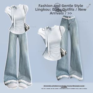 NUMEN BUTTON | Plus Size Summer Casual Set with Lace and Tying Waist
