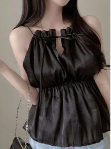 Elegant Summer Design Sleeveless Chiffon Top Bow Tie Waist Slimming Chic Hanging Strap Pure Color Womens Fashion Vest