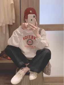 American Style Lazy Grey Letter Print round Neck Sweatshirt Women Spring Autumn Short Design Sense Niche Capless Overhead Shirt