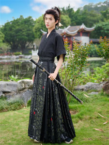 New Chinese Style Gold Weave Horse Back Skirt Short Sleeve Stand Collar Hanfu Shirt for Men And Women Couple Class Uniform Set
