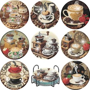 8 Pieces/Set of Diamond Painted Coaster Set with Coffee Pattern Coaster (With Holder) - DIY Diamond Art Craft Kit for Home Decor