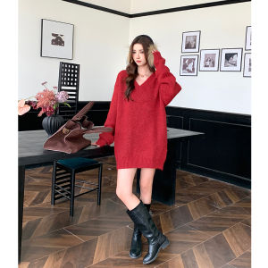 Loose V-Neck Mid-Length Sweater Autumn Winter Womens Lazy Style Fashion Commute Long Sleeve Red Color for New Year And Christmas