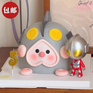 Internet Celebrity Ultraman Lulu Pig Cake Decorative Ornaments Soft Glue Cartoon Baby Pig Digital Candle Birthday Plug-in Components