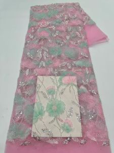 Pink Sequins Beads Lace Fabric 2026 Premium Quality Bright Nigerian Sequined Lace Fabric Wedding Gown Sewing Material 5Y M412-1