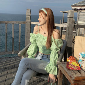 French Vintage Green One-Shoulder Puff Sleeve Shirt