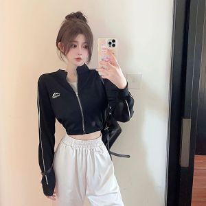 Retro American Hot Girl Long Sleeve Jacket Women Spring Autumn New Slim Short Unique Embroidery Stripes Open Cardigan Top