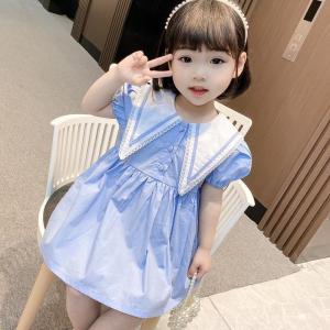 Princess Style Short Sleeve Navy Collar Lace Dress Childrens Fashionable Summer Clothes Baby Girls Dress Cotton Fabric A-Line Skirt