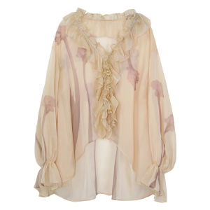 Designer Brand Womens Shirt French Style Lace Hem Printed Chiffon Drapey Lantern Sleeve V-neck Casual Loose Fit