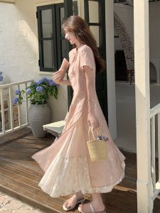 ชุดเดรสจีนใหม่สีชมพู ฤดูร้อน 2025 ชุดเดรสยาวทรงสลิมเอวสำหรับผู้หญิง ชุดราตรีสไตล์จีนแบบปรับปรุงใหม่ ชุดเดรสยาว