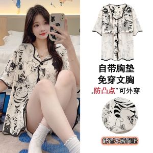 Womens Pajamas with Chest Pad Summer Cotton Short Sleeve Pants Thin Sweet Cardigan Outwear Summer Home Wear